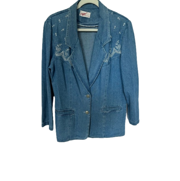 Vintage GW Division of Graff 90's Embroidered Denim Blazer - Picture 1 of 6